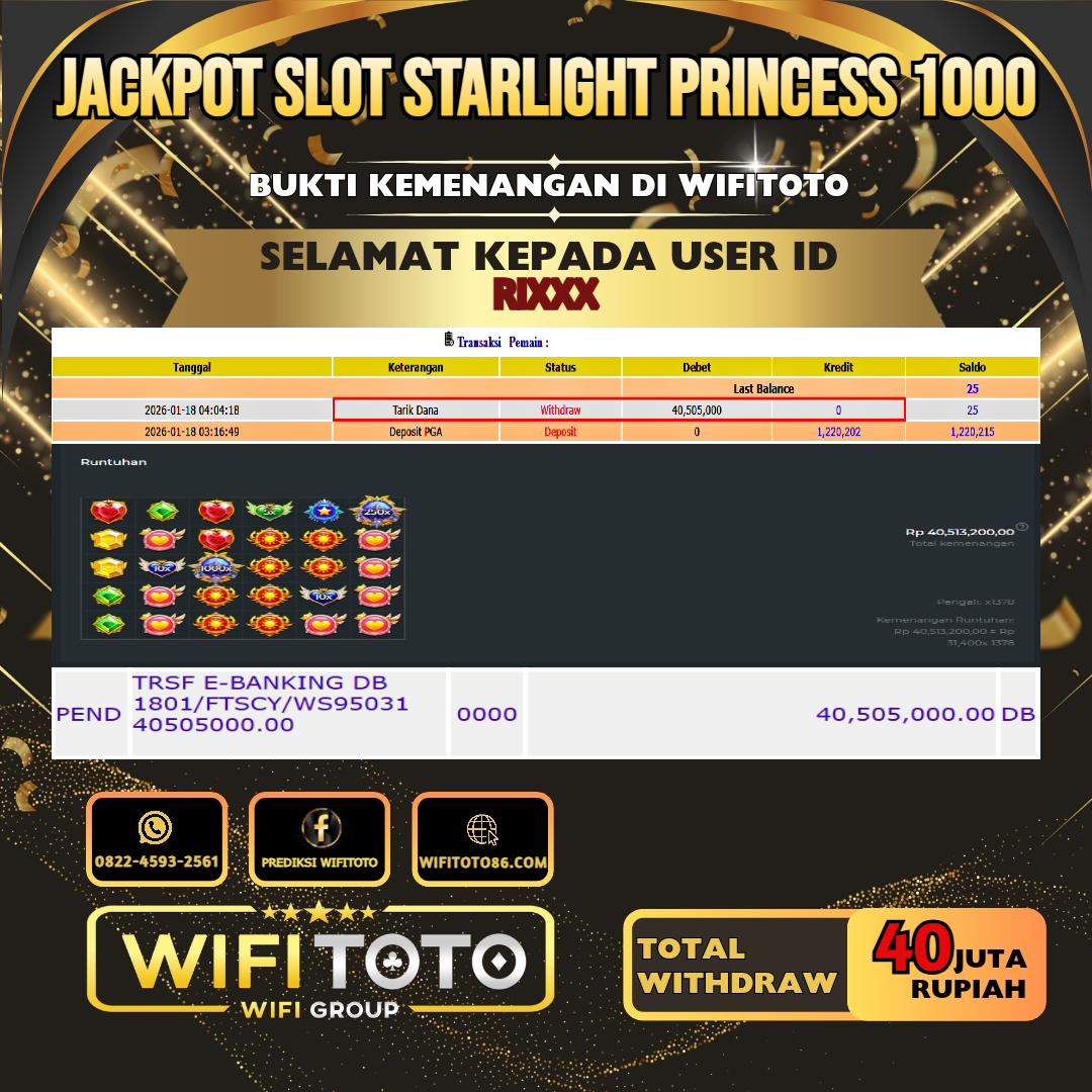 WIFITOTO JACKPOT SLOT STARLIGHT PRINCESS 1000 RP.40.000.000.,-LUNAS USER ID : RI***	