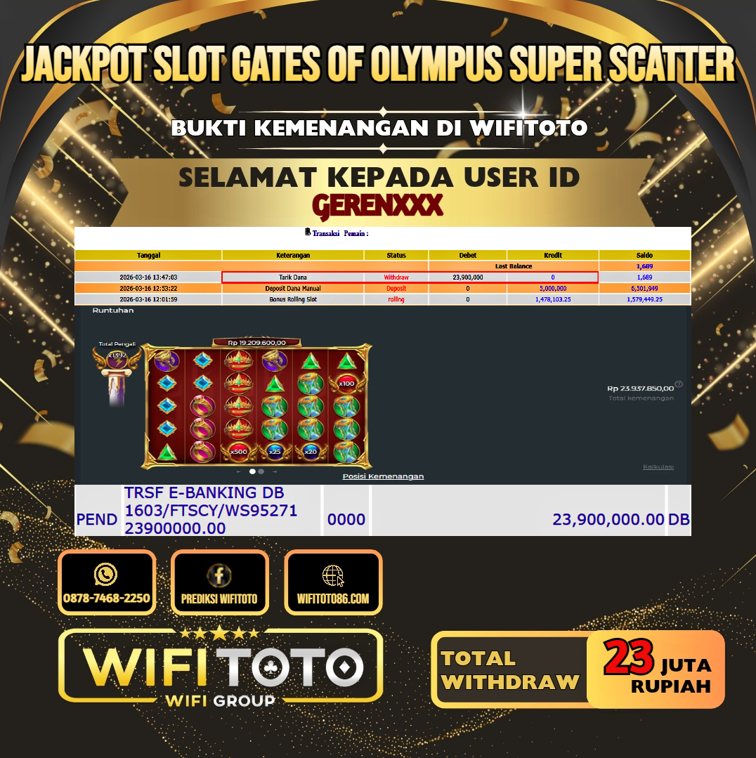 WIFITOTO JACKPOT SLOT GATES OF OLYMPUS SUPER SCATTER RP.23.000.000.,-LUNAS USER ID : GEREN***	