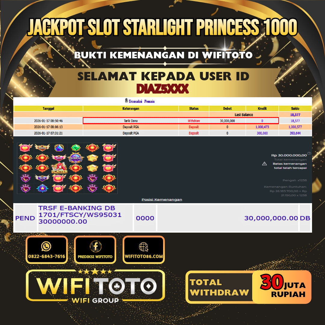 WIFITOTO JACKPOT SLOT STARLIGHT PRINCESS 1000 RP.30.000.000.,-LUNAS USER ID :  DIAZ5***	