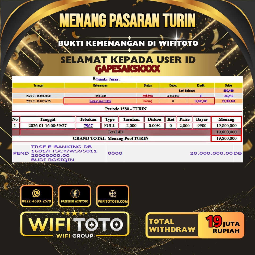 WIFITOTO JACKPOT TOGEL PASARAN TURIN RP.19.000.000.,-LUNAS USER ID : GAPESAKSK***	