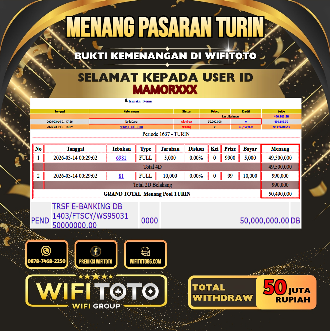 WIFITOTO JACKPOT TOGEL PASARAN TURIN RP.50.000.000.,-LUNAS USER ID : MAMOR***	